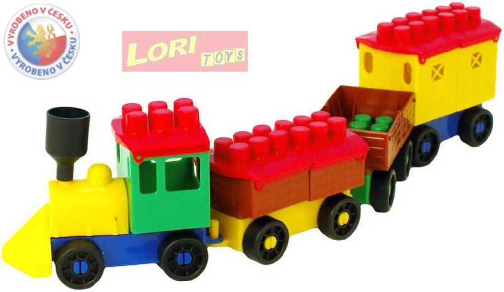 LORI 006 Vláček plastový nákladní menší 3 vagonky stavebnice